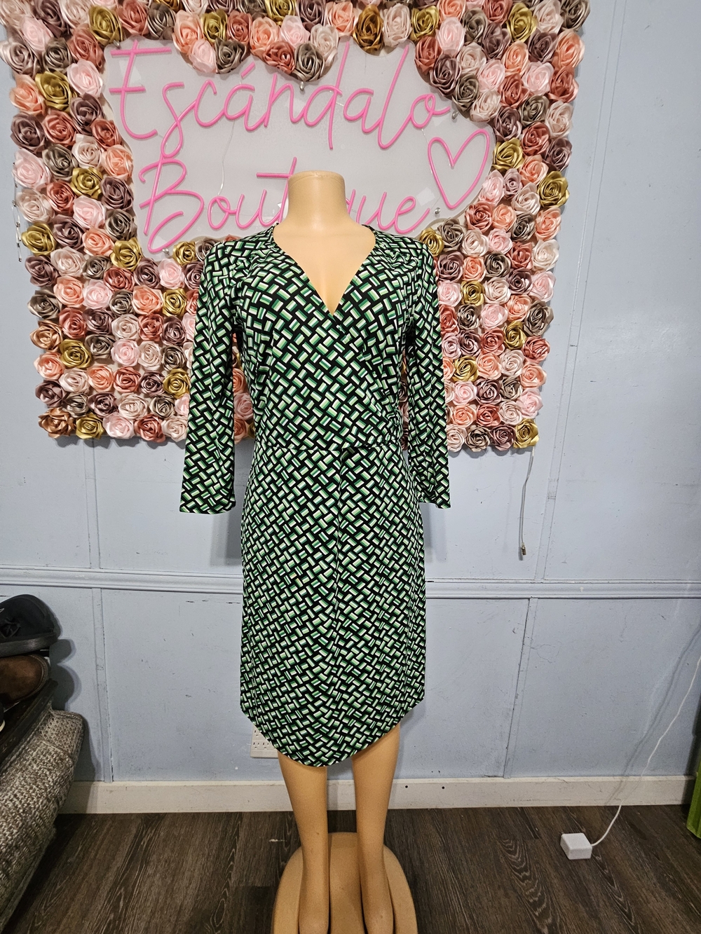 LOFT Green Geometric Midi Wrap Dress